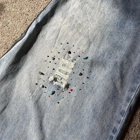 Vtg 90s Jeans Fairy Goth Destress Wide Leg High Rise Women’s S Korea Design Blue - Picture 10 of 13